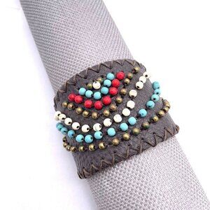 Bouquet Beaded Stitched Leather Cuff Bracelet Brown Snap Closure
